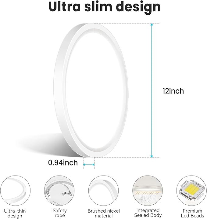 libtit 12 inch Flush Mount LED Ceiling Light Fixture, 3000K 4000K 6500K Adjustable, 28W 3200lm White Round Lighting Fixtures for Bathroom Shower Hallway Kitchen