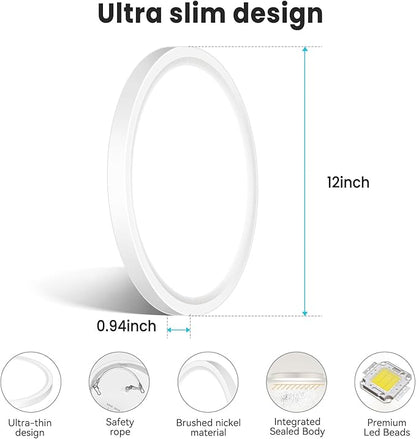 libtit 12 inch Flush Mount LED Ceiling Light Fixture, 3000K 4000K 6500K Adjustable, 28W 3200lm White Round Lighting Fixtures for Bathroom Shower Hallway Kitchen