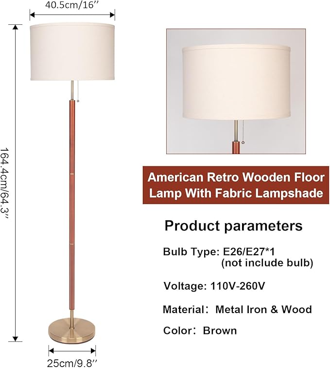 Modern Floor Lamp,Mid Century Living Room Lamp, 64" Standing Lamp with Beige Fabric Lampshade for Bedroom, Study Room and Office, Reading Room Black Pole Light Without Bulb