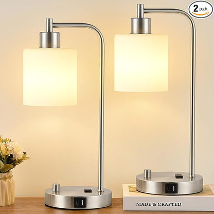 Lynnoland Set of 2 Industrial Table Lamps with USB C+A Ports and Outlet, Brushed Nickle Fully Stepless Dimmable Bedside Lamps, Nightstand Lamp with Opal Glass Shade for Reading Office (2 LED Bulb)