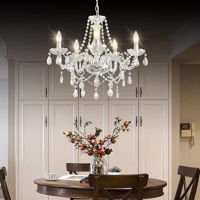 Plug in Chandelier,White Crystal Chandeliers Hanging Pendant Light Crystal Ceramic 5 Light with Plug in Cord