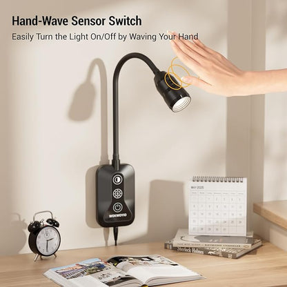 Wall Mounted Reading Light for Bed, Headboard Light with 360° Flexible Arm, Hand Wave Sensor, Focused 60° Beam, 5 Color Temperatures, Stepless Dimming, Memory Function, USB-C Output, Black 1 Pack