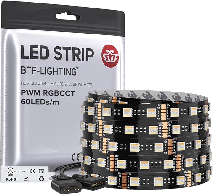 BTF-LIGHTING RGBCCT 5 Colors in 1 LED 5050SMD RGBWW RGB+Dimmable Tunable Color Temperature UL Listed 2700K-6500K 16.4ft 60LED/m 300LED DC12V Multi-Colored IP30 for Decoration(No Adapter or Controller)