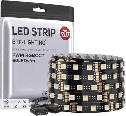 BTF-LIGHTING RGBCCT 5 Colors in 1 LED 5050SMD RGBWW RGB+Dimmable Tunable Color Temperature UL Listed 2700K-6500K 16.4ft 60LED/m 300LED DC12V Multi-Colored IP30 for Decoration(No Adapter or Controller)