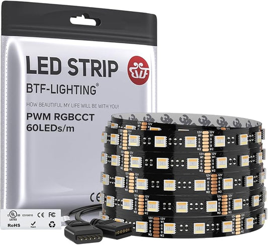 BTF-LIGHTING RGBCCT 5 Colors in 1 LED 5050SMD RGBWW RGB+Dimmable Tunable Color Temperature UL Listed 2700K-6500K 16.4ft 60LED/m 300LED DC12V Multi-Colored IP30 for Decoration(No Adapter or Controller)