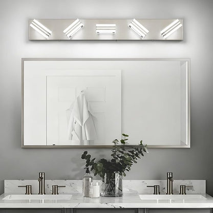 SOLFART LED Bathroom Lighting Fixtures - 5 Lights Modern Brushed Nickel Acrylic Vanity Lights for Mirror 32inch 24W 5CCT