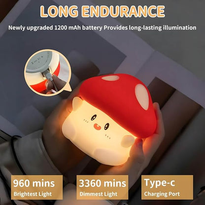 Mushroom Night Light Squishy Lamp, 50Hrs Battery Kids Nightlight, Tap Control, 30Min Auto-Off, Rechargeable Kawaii Bedside Lamp for Girls Room Decor, [Mothers Day Gifts]
