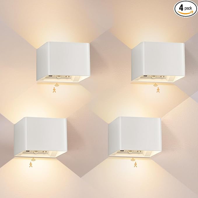 Yochoice Rechargeable Motion Sensor Wall Sconces Dimmable, 6000mAh Wireless Battery Operated Wall Sconce with Touch & Remote Control, 4-Pack White Battery Powered Magnetic Wall Lamps for Hallway Stair
