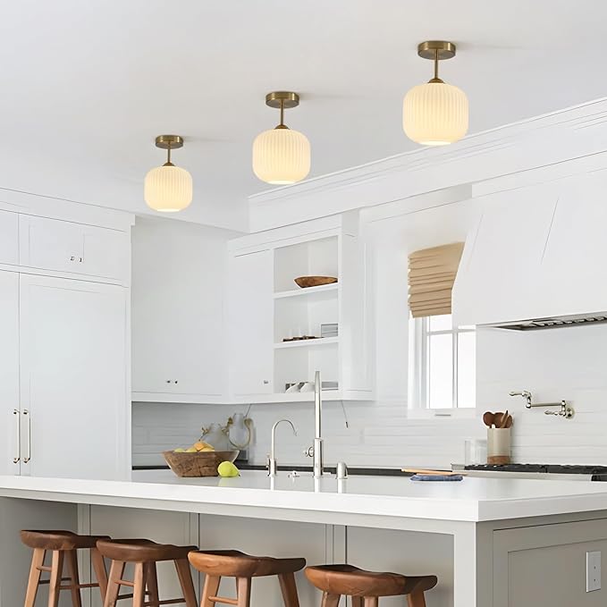 Gold Milk Glass Semi Flush Mount Light Vintage White Ribbed Flush Mount Ceiling Light Small Hallway Globe Ceiling Light Fixtures for Bedroom Entryway