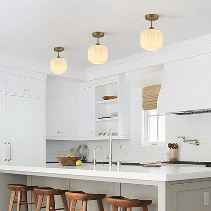 Gold Milk Glass Semi Flush Mount Light Vintage White Ribbed Flush Mount Ceiling Light Small Hallway Globe Ceiling Light Fixtures for Bedroom Entryway