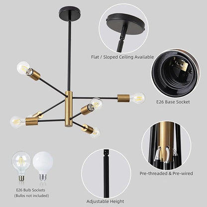 SineRise Modern Sputnik Chandelier Light Fixture, 6-Light Chandelier Ceiling Light Fixture Black and Gold Mid Century Chandelier Height Adjustable for Kitchen, Living Room, Bedroom, Hallway and Foyer
