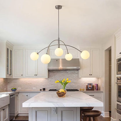 Mid Century Modern Chandelier, 5 Light Silver Sputnik Light Fixture with White Glass Globe Shade, Adjustable Modern Sputnik Chandelier for Dining Room Kitchen Bedroom