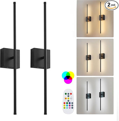 KARTOOSH 24.4 Inch 9 RGB Color Battery Operated Wireless Wall Sconces Set of Two, with Remote, Dimmable, Warm/Natural White/Daylight, Rotatable, LED Wall Light for Living Room, Bedroom, Black