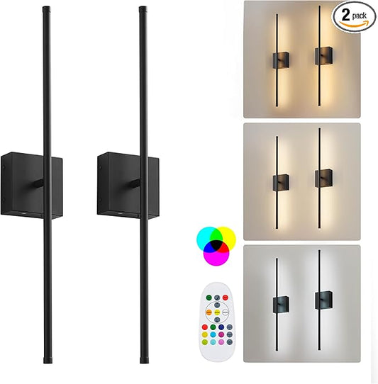 KARTOOSH 24.4 Inch 9 RGB Color Battery Operated Wireless Wall Sconces Set of Two, with Remote, Dimmable, Warm/Natural White/Daylight, Rotatable, LED Wall Light for Living Room, Bedroom, Black