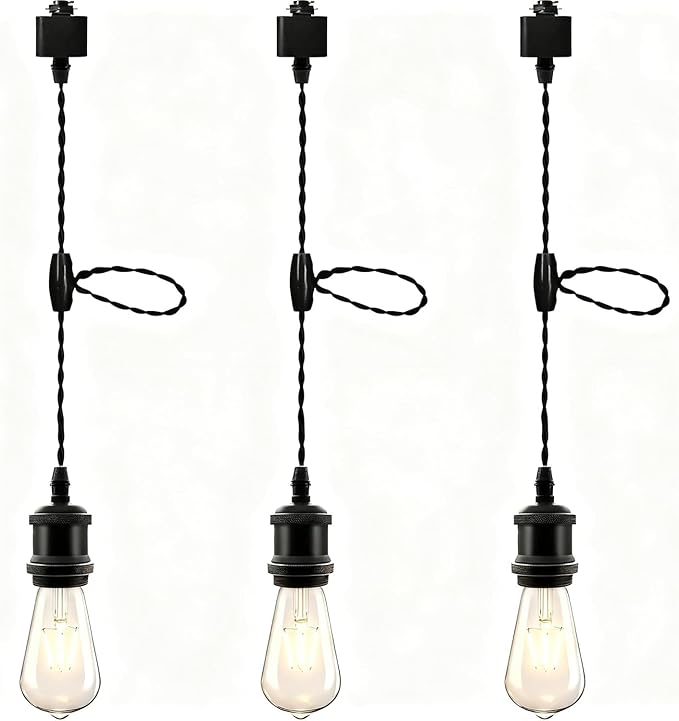Universal H-Type Track Pendant Lighting Kit with 3 Bulbs, 3-Pack Black Hanging Track Lighting Fixtures, 4000K Natural Light, E26 Base for Kitchen Island, Dining Room & Living Area