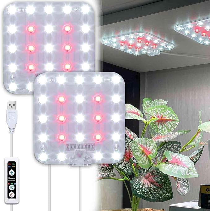 Full Spectrum LED Grow Light for Indoor Plants, 2 Panels 10W with 6/12/16h Timer Dimmable Plant Lights for Flower Veg Plant Growth USB, Netural White, 1-Pack