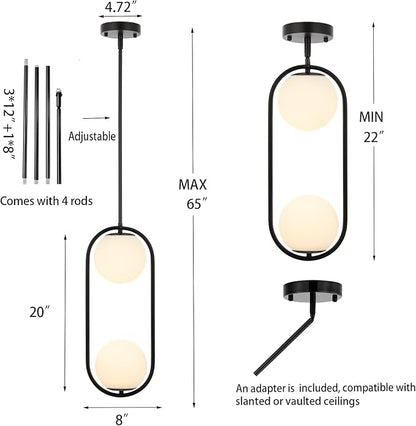 BYOLIIMA 2-Lights Modern Globe Chandelier Mid Century Pendant Light Matte Black Ceiling Hanging Lighting Fixture with White Globe Glass Lampshade for Kitchen Island Dining Room Bedroom