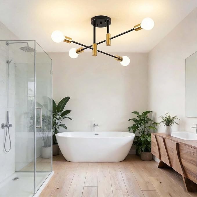 Modern Sputnik Chandelier 4-Light Adjustable Ceiling Light Fixture Black and Gold Semi Flush Mount Ceiling Lamp with E26 Base Industrial Ceiling Light for Dining Room Bedroom Living Room