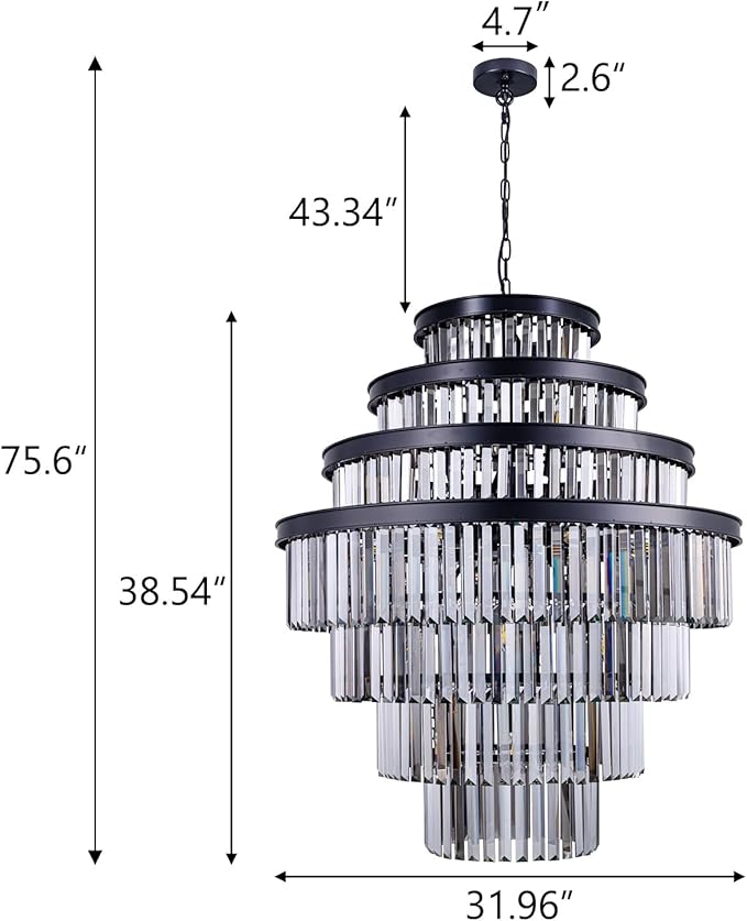 Wellmet Smoke Gray Luxury 7-Tier Chandelier - Large Black Crystal Chandelier for Living, Dining, Porch, Entryway, Hallway, Restaurant - 31''W