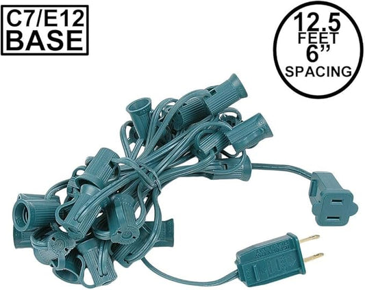 Novelty Lights 12.5 Foot C7 Outdoor String Light Christmas Stringer - Patio String Lights - Candelabra Base (C7/E12) - 6" Spacing - Green Wire