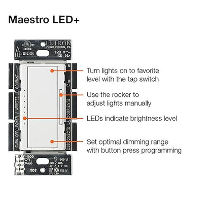 Lutron Maestro LED+ Dimmer Switch for Dimmable LED, Halogen and Incandescent Bulbs, 150W/Single-Pole or Multi-Location, MACL-153M-WH, White (2-Pack)