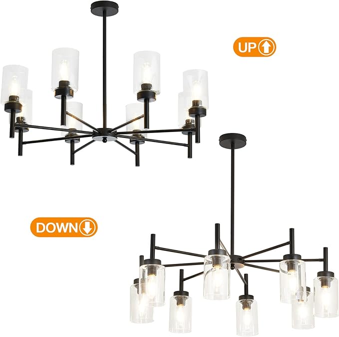 hesoge Black 8-Light Large Modern Chandelier,Clear Glass Metal Ceiling Light Fixture，Farmhouse Pendant Hanging for Kitchen Dining Room Living Room Bedroom.