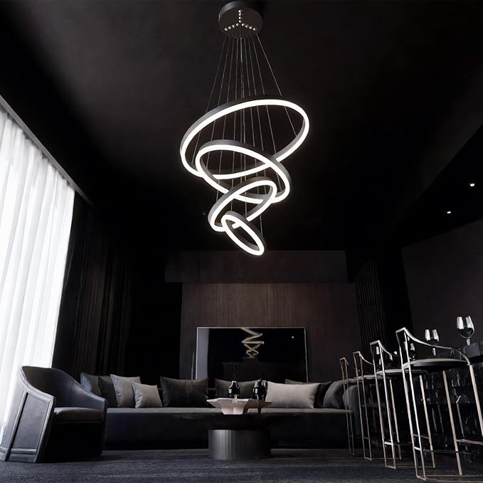 Modern LED Pendant Light, Black 4 Ring Circular Chandelier Fixture, Adjustable Height Circular Entrance Pendant Light, Suitable for Restaurants, Kitchens, Islands, Living Rooms, Cafes, Etc. (4000K)
