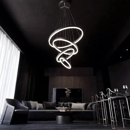 Modern LED Pendant Light, Black 4 Ring Circular Chandelier Fixture, Adjustable Height Circular Entrance Pendant Light, Suitable for Restaurants, Kitchens, Islands, Living Rooms, Cafes, Etc. (4000K)