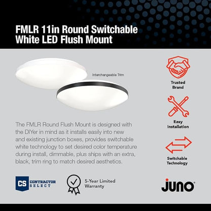 Juno 11 Inch Round LED Flush Mount Ceiling Light, Low Profile Modern Ceiling Light Fixture, Selectable 2700K/3000K/3500K/4000K/5000K Color Temperature, Dimmable, White (FMLR 11IN SWW5 90CRI WBT M4)