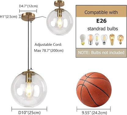 Modern Gold Globe Pendant Light, 10" Mid Century Brushed Brass Hanging Pendant Light Fixtures with Clear Glass for Kitchen Island Dining Room Bedroom Hallway Foyer, Adjustable Height