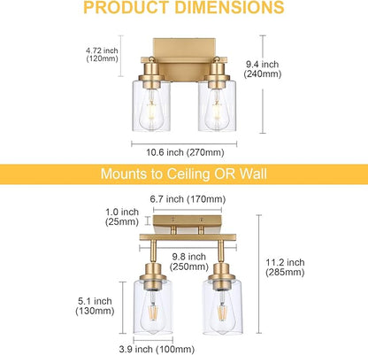 2-Light Track Lighting Fixtures Gold Finish, Multi-Directional Rotating Ceiling Tracking Lights with Clear Glass, Modern Bathroom Wall Vanity Lights Track Lighting Kits for Kitchen Accent Shop