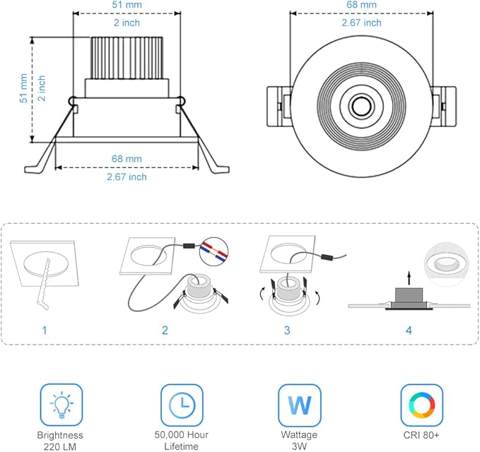 2Inch LED Recessed Ceiling Light, 3W Dimmable LED Downlight, 60 Beam Angle COB Recessed Lights with Driver, Daylight White 5500K, 25W Halogen Bulbs Equivalent for Ceiling Lighting, White 6 Pack