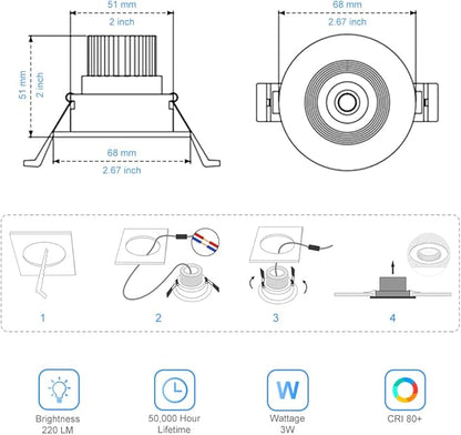 2Inch LED Recessed Ceiling Light, 3W Dimmable LED Downlight, 60 Beam Angle COB Recessed Lights with Driver, Daylight White 5500K, 25W Halogen Bulbs Equivalent for Ceiling Lighting, White 6 Pack