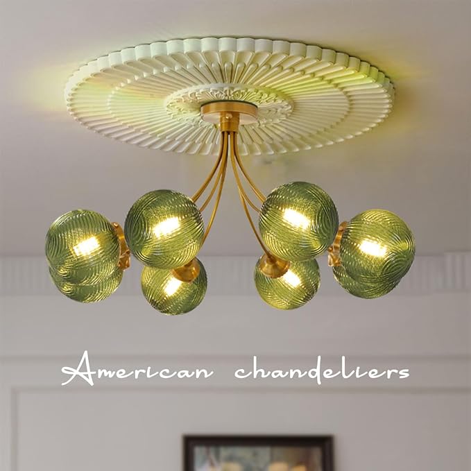 8-Light Flush Mount Light Vintage Gold Sputnik Chandelier Light Fixtures Ceiling Mount Green Round Glass Globe Shade, Semi Flush Mount Ceiling Light for Living Room Kitchen