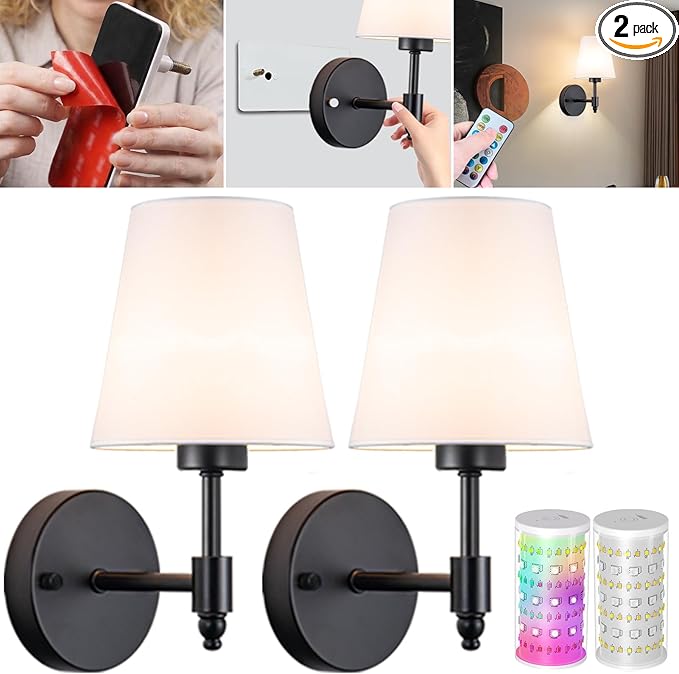 Vimhou Peel and Stick Wall Sconces, Stick On Wall Sconce Set of 2, Battery Operated Wireless Wall Light, No Drill Adhesive Wall Lamp, Corn Bulb with 10000mAh Rechargeable Battery, Bedroom Wall Decor