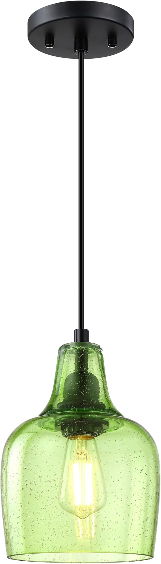 2 Pack 1 Light Indoor Hanging Kitchen Island Pendant Ceiling Light 6.1" Green Glass Fixture,Black Finish for Farmhouse Over Sink Bedroom Hallway