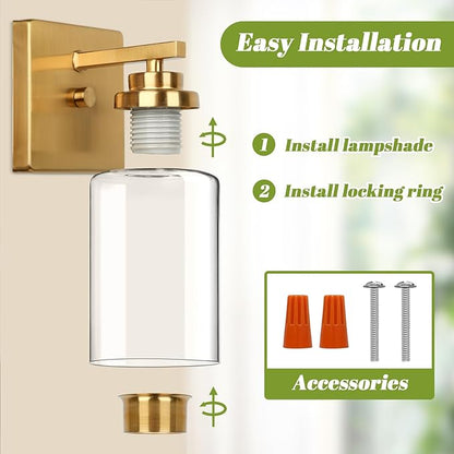 VerRon Wall Sconces, Gold Bathroom Light Fixtures, Modern Vanity Lights, Sconces Wall Lighting with Clear Glass, Sconces Wall Decor Set of 2, Light Fixture for Mirror, Living Room, Bedroom, Hallway
