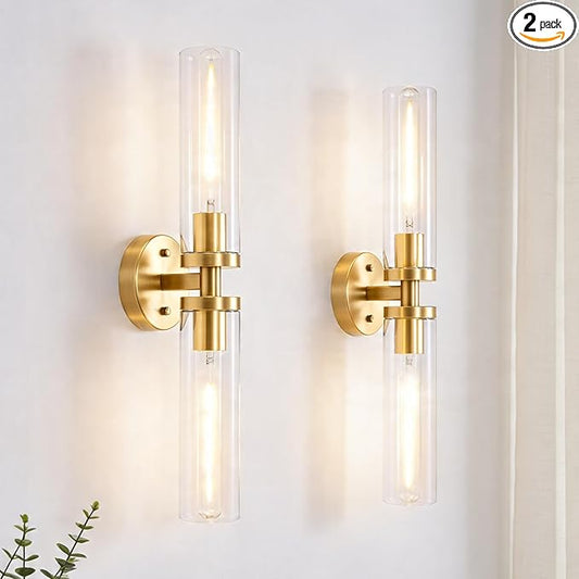 Wall Sconces 2-Pack, Hardwired Bathroom Light Fixtures, Modern Farmhouse Vanity Wall Lighting with Clear Glass Shades, E26 Base Wall Sconce Wall Lights for Bathroom Wall Decor, Gold