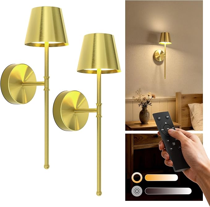 UME Wireless Sconces Set of 2 with Remote, 5200mAh Battery Powered Sconces - Small Rechargeable Sconces w/ 3 Color Temps & 5 Brightness Levels for Bedroom, Living Room, Wall Painting, Cafe(Gold)