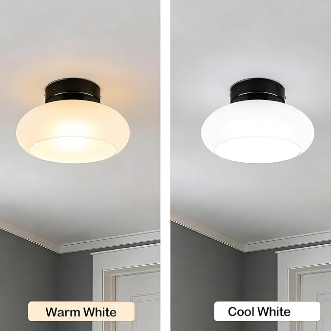 Black Semi Flush Mount Ceiling Light Mid Century Modern Entryway Light Fixture 11” Glass Globe Flush Mount Light Fixture for Hallway Kitchen Bedroom Closet