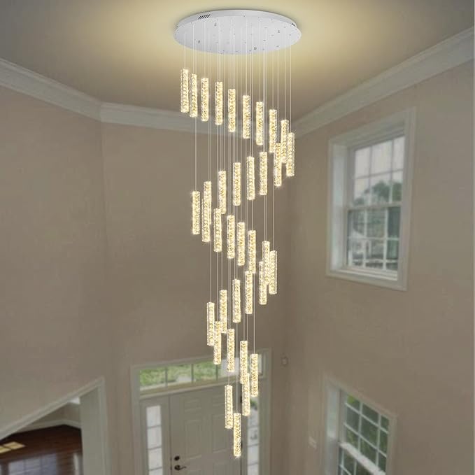 150in Long Crystal Chandelier Large Spiral Stair Chandeliers for High Ceilings Foyer Entryway Flush Mount Ceiling Lights 36-Light Silver LED Dimmbale