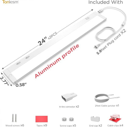 Under Cabinet Lighting Plug in, 24 Inch14W 120V Super Bright, 3 Color 3000K/4000K/5000K, 3 Brightness,Ultra Thin Under Counter Lights for Kitchen, Linkable LED Cabinet Lights, White 2Pack
