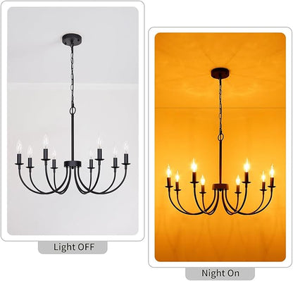 8-Light Black Chandelier, 26“ Farmhouse Chandelier for Dining Room Lighting Fixtures Hanging, Rustic Candle Modern Chandeliers for Living Room Bedroom Foyer Kitchen(Frosted Black)