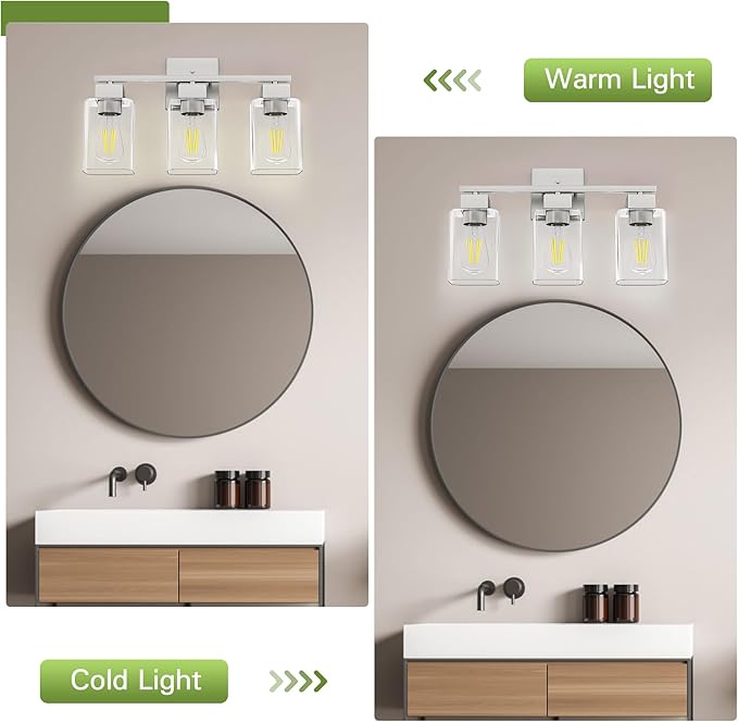 Brush Nickel Bathroom Vanity Light - 3 Light Bathroom Light Fixture Square Design & UL Certification & Square Bath Room Lights Fixture Over Mirror
