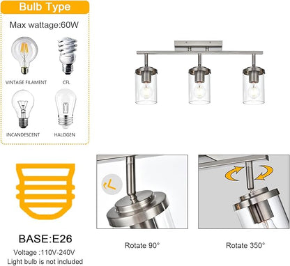 BONLICHT Modern Semi-Flush Mount Ceiling Light 3-Light Adjustable Ceiling Spotlight Brushed Nickel Kitchen Track Lighting Fixtures Industrial Wall Vanity Light Fixture with Clear Glass Shade
