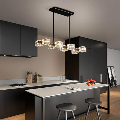 Modern Crystal Chandelier for Dining Room,Black and Gold Pendant Lights Fixture with 8-Lights,Adjustable Height Hanging Ceiling Light for Kitchen Island,Bedroom,Over Table,Living Room