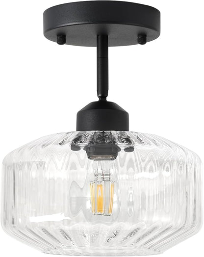 TeHenoo Modern Sloped Ceiling Light, Ribbed Clear Glass Flush Mount for Entryway, Hallway,Vaulted Ceiling,Matte Black