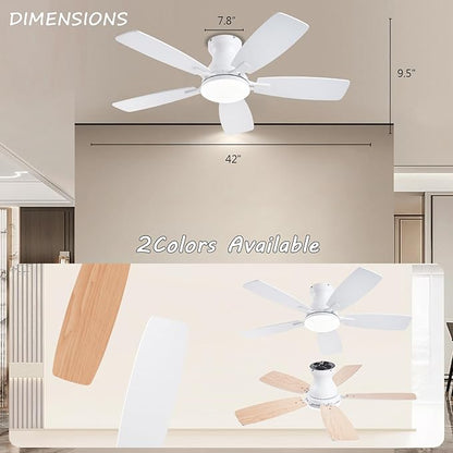 JSAITEE Ceiling Fans with Lights, 42 Inch Low Profile Ceiling Fan with Light and Remote Control, Flush Mount, DC Reversible Motor, Noiseless, White 6 Speeds Ceiling Fan for Bedroom