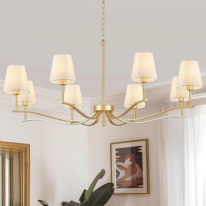8 Light Brass Gold Chandelier with White Fabric Shade 44'' Linen Dining Room Chandeliers Over Table Kitchen Chandeliers Light Fixture for Living Room Bedroom Entryway Home Office