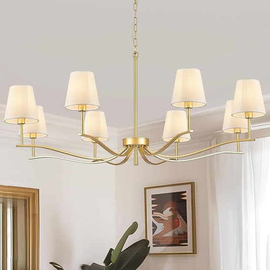 8 Light Brass Gold Chandelier with White Fabric Shade 44'' Linen Dining Room Chandeliers Over Table Kitchen Chandeliers Light Fixture for Living Room Bedroom Entryway Home Office